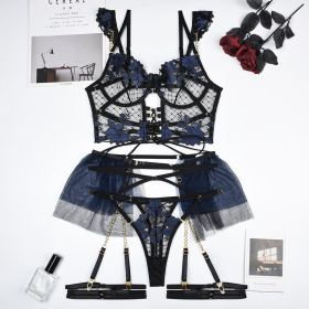 Heavy Industry Chain Mesh Stitching Sexy Lingerie Four-piece Set (Option: Blue Black-S)