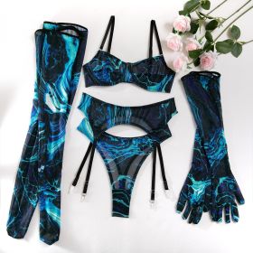 Women's Mesh Printed Underwear Garter Leggings Gloves (Option: Blue Black-M)