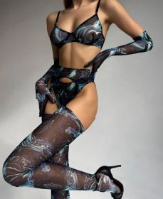 Women's Mesh Printed Underwear Garter Leggings Gloves (Option: Black-L)
