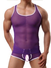 American Men's Erotic Underwear Mesh Vest (Option: Purple-XL)