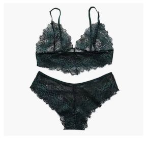 European And American Ultra-thin Big Chest And Small Lace Underwear Set (Option: Dark Green-L)