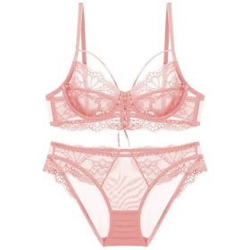 Ribbon Big Chest Show Small Half See-through Bra Set (Option: Pink-70B)