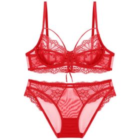 Ribbon Big Chest Show Small Half See-through Bra Set (Option: Red-70B)