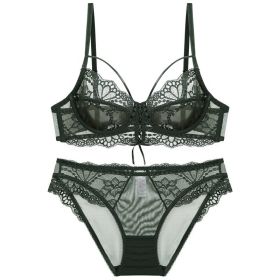 Ribbon Big Chest Show Small Half See-through Bra Set (Option: Green-75D)