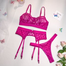 Women's Mesh Comfortable Splice Sexy Waist Cover Underwear Three Piece Set (Option: Rose Red-L)